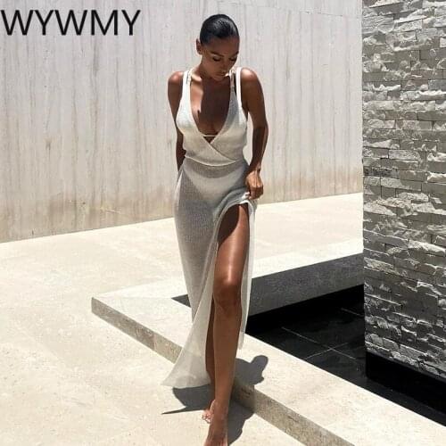 WYWMY Fashion Sexy Lace Backless Crochet Beach Maxi Dress Women Sleeveless Dresses Summer See Through Side Split Long Sundress
