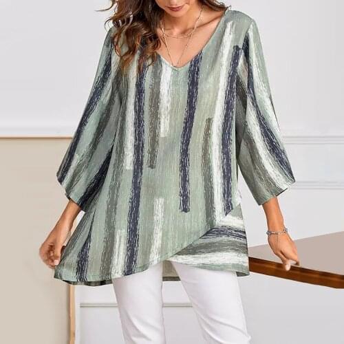 2021 New Fashion Womens Casual Loose V-neck Long Sleeve Female Stripe Printed Irregular Hem Top Tee Shirt Koszula Camisa #t3g