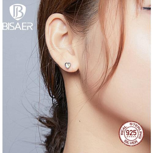 BISAER Fashion 925 Sterling Silver Colorful Heart of Glass Earrings Heart Stud Earrings for Women Fashion Earrings ECE929