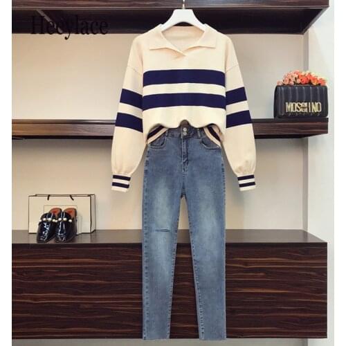Plus Size Women Autumn Winter 4XL Two Pieces Set Korean Casual Long Sleeve Striped Knitted Sweater And Hole Denim Long Pants Set
