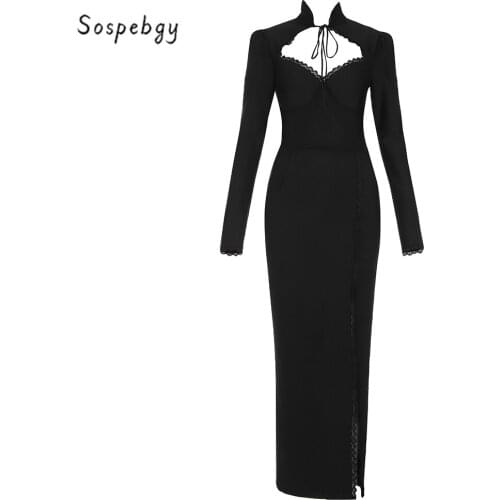 2021 New Fashion Womens Long-sleeved Drawstring Hollow Side High Opening Stitching Lace Mid-length Bandage Dress Vestidos