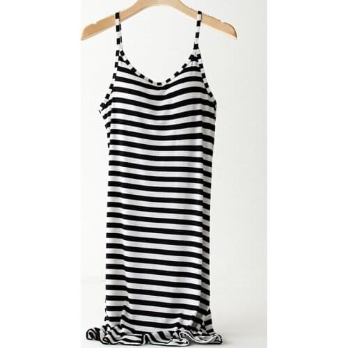 Womens Striped Suspender Dress With Bra Bottom Dress O-Neck Camisole Dresses Soft Nightgown Loose Sleepwear Comfort Home Wear