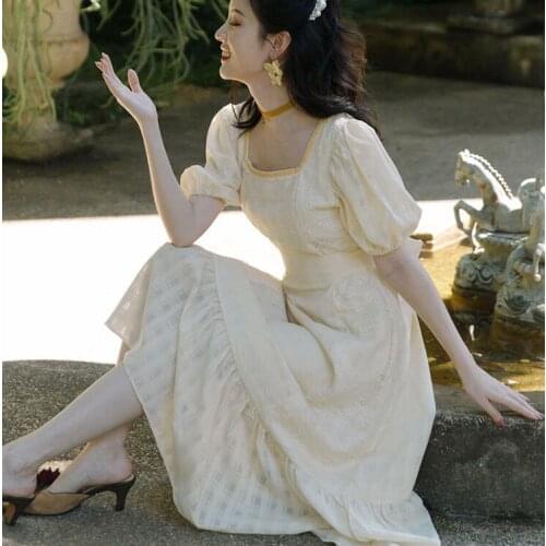 Cottage Core Style Puff Sleeve Lace Stitching Square Collar Summer Dress High-end Slim Waist Women Fairy Princess Dress Vestidos