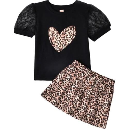 Pudcoco 18M-6Y 2Pcs Summer Baby Girls Heart Pattern Print Puff Sleeve O-Neck Hollow Out T-Shirt Tops+Leopard A-Line Skirt Sets