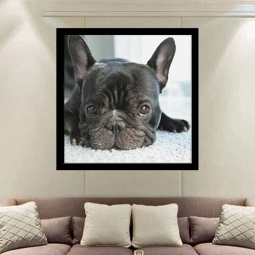 New 5D Diy Diamond Painting Cross Stitch small black dog heads full Diamond Embroidery french bulldog round Diamond Mosaic puppy