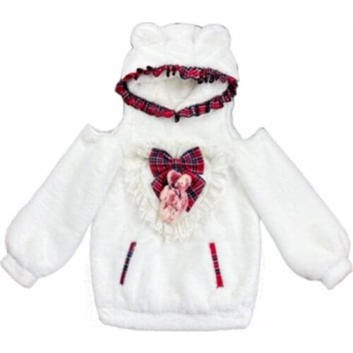 White Winter Off Shoulder Plush Hooded Top Japanese Harajuku Bear Ear Hat Casual Kawaii Sweet Soft Girl Sweatshirt Pullover