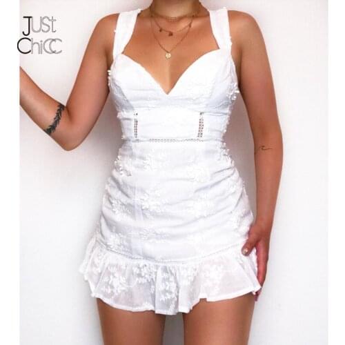 Justchicc White Ruffles Lace Dress Women Backless Cross Back Bandage Hollow Out Bodycon Summer Dress Spaghetti Strap Skinny Dres