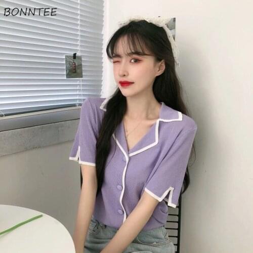 Short Sleeve T-shirts Women Summer Tops Turn Down Collar Simple All-match New Fashion Korean Style Ladies Patchwork Kawaii Sweet
