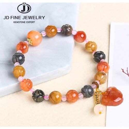 JD Natural Color Jade Flower/ Pumpkin Beads Bracelet Fashion Charm Accessories DIY Hand-Carved Lucky Amulet Gifts Women Jewelry
