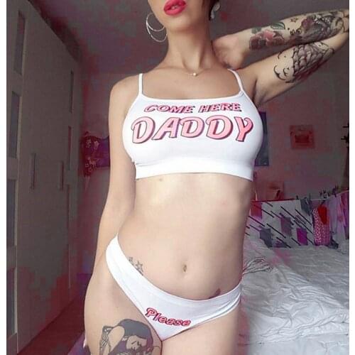 Fashion Summer COME HERE DADDY Letter Print Tank Top Sexy Sleeveless Harajuku Kawaii Cropped Feminino Tops&Panties