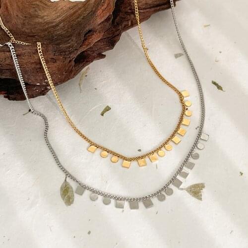 Monlansher Geometric Small Square Round Slices Necklace Layered Titanium Steel Chain Necklaces French Vintage Necklaces Jewelry