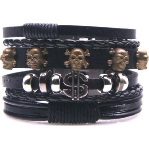 2019 Fashion Stainless Steel Chain Genuine Leather Bracelet Men Vintage Skull Shantou Male Braid Jewelry for women