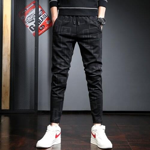 Mens Joggers Fashion Geometric Pattern Sports Pants Black Drawstring Tracksuit Trousers