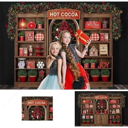 Christmas Hot Coco Shop Banner Background Decorations Kitchen Cupboard Winter Children Portrait Backdrop for Photography Studio