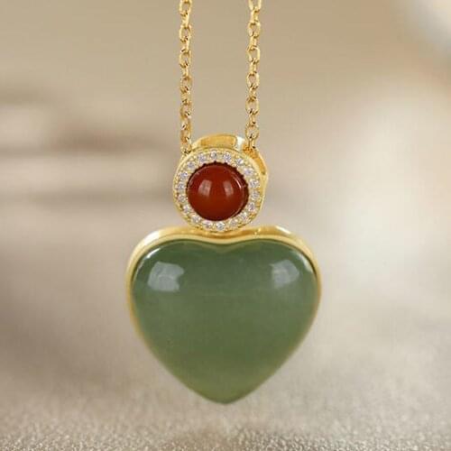 S925 Sterling Silver Gold Plated Natural Hetian Jade Gray Jade South Red Ruyi Retro Graceful Personality Ladies Pendant Ornament