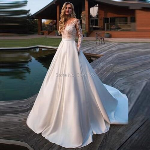 Long Sleeves Satin A Line Wedding Dresses O Neck Lace Appliques Button Illusion Bridal Gown Plus Size Court Train