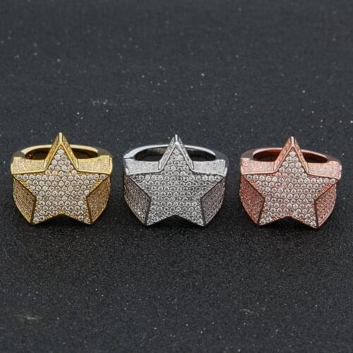Hip Hop Mens Gold Color Micro-inlaid Zircon Fashion Pentagram Ring Hip Hop Jewerly Ring For Men