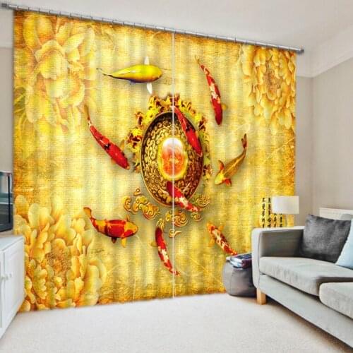 High quality custom 3d curtain fabric 3D Curtain Printing Blockout Polyester golden curtains fish curtain