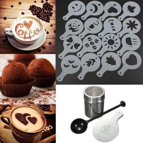 High Quality Chocolate Shaker Duster + 16pcs Cappuccino Coffee Stencils + Measure Spoon mold templates for capuccino decorating