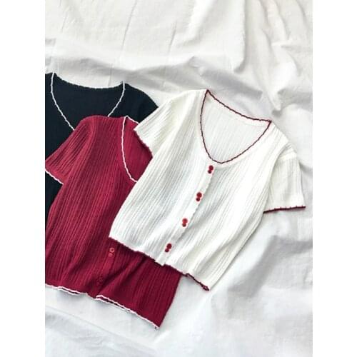 Women T-Shirts Knitted Buttoned Up Cute T-Shirts V-Neck Solid Short Sleeve Flounce Hem Crop T-shirts Women 2020 Summer goth tops