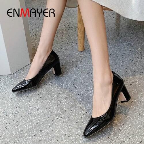 ENMAYER 2020 Slip-On Casual Women Shoes Patent Leather Square Heel Round Toe Sewing Spring/Autumn Concise Women Pumps 34-39
