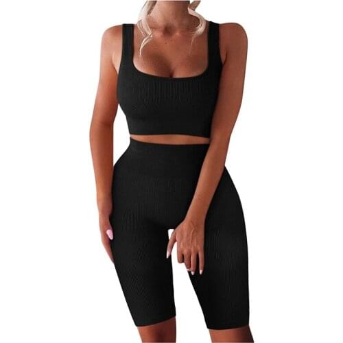 Ladies Summer Sports Short Suit Pure Color Thread Print Low Collar Sleeveless Short Top + High Waist Elastic Waist Tight Shorts