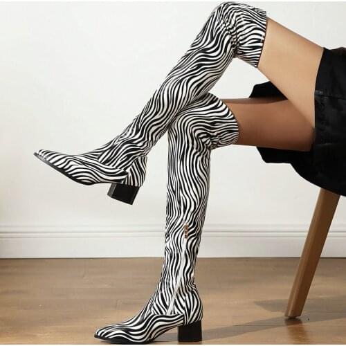 2021 Female New Autumn Winter Knee Boots Fashion Zebra Pattern Boots Ladies Comfortable Low Heel Pointed Zipper Womens Shoes
