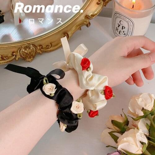Women Floral Rose Hair Scrunchies Vintage Wild Hair Ring Elastic Rubber Band Girls Fashion Ponytail Scrunchie Hair Accessories