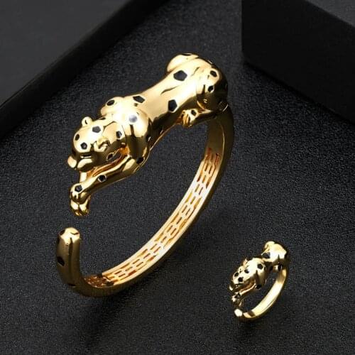 Zlxgirl jewelry luxury brand Dubai Gold color leopard shape women and men bangle ring jewelry sets perfect women size bracelet