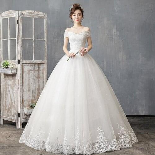 2021 Fashion Korean Bride Wedding Dress with Boat Neck Off The Shoulder Lace Elegant Wedding Dress for Bride A318