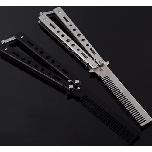 1pcs Cool Foldable Comb Stainless Steel Practice Training Butterfly Knife Comb Beard Moustache Brushes Hairdressing Styling Tool