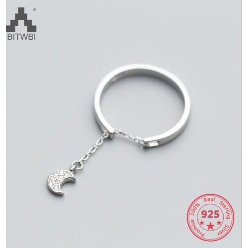 100% 925 Sterling Silver Exquisite Zircon Moon Chain Adjustable Ring Female Silver Jewelry