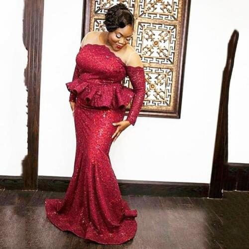 African Blingbling Red Sequined Long Formal Party Dresses Full Long Sleeves O-neck Aso Ebi Gowns Plsu Size evening dresses