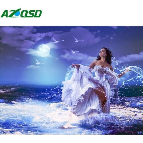 AZQSD Diamond Painting Night Landscape Diamond Mosaic Girl Sea Scenery Cross Stitch Diamond Embroidery Rhinestones Home Decor