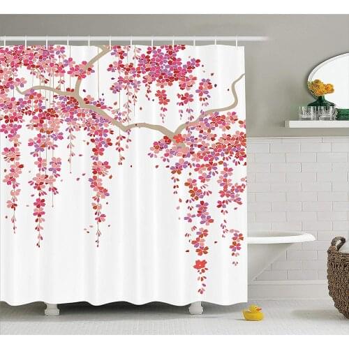 Flower Shower Curtain Cherry Blossom Trees Branch Springtime Happy Vacation Traveling Destinations Bathroom Decor Set with Hooks