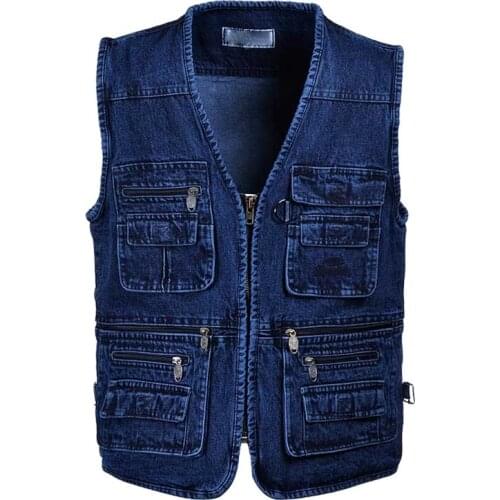 Plus Size 5XL Denim Vest with Multi Pocket Men Casual Outdoor Sleeveless Jeans Vest V-Neck Cotton Waistcoat Male Clothing