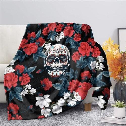 Gothic Skulls Throw Blankets Rose Floral Printed Comfortable Fleece Blankets for Bedding Calaveras Flowers Design Cobertor