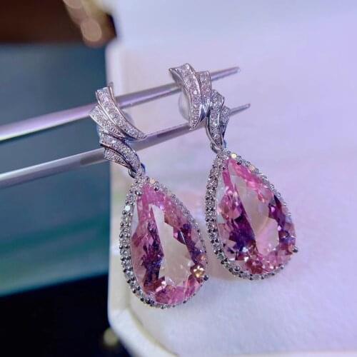 H402 Fine Jewelry Real Pure 18K White Gold AU750 100% Natural Pink Morganite Gemstone 9.5ct Drop Earrings for Women