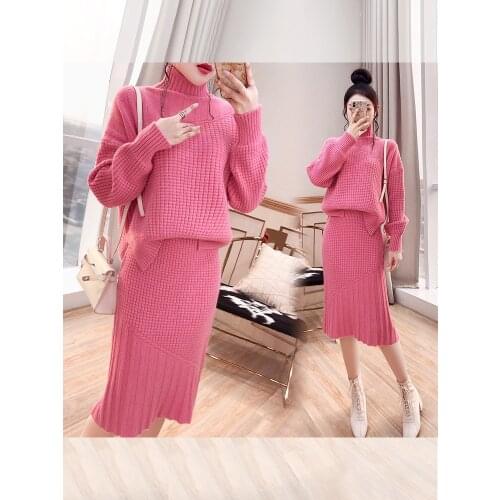 Pink Sweet Long Sleeve Warm Turtleneck Sweater Suits Knitted Ladies Sweater and Skirt Two Piece Set Womens Clothing