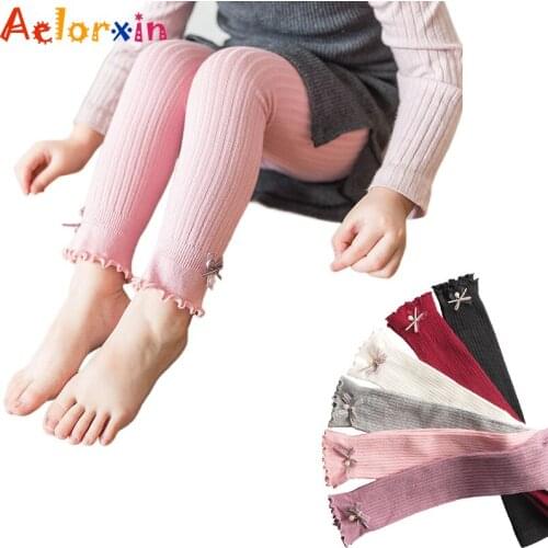 18M-3T Girl Leggings Children Solid Color Knit Autumn Winter Beads Bow Striped Girls Baby Leggings Girls Ankle-Length Pants