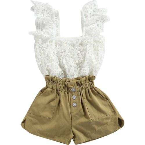Summer Baby Girls Floral Hollow Out Sleeveless O-Neck Lace Tops + Solid Color Short Pants Clothes Set Casual Wear Comfortable