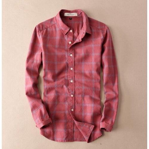 Summer Thin Plaid Shirts Men Red Quality Dress Shirts Long Sleeve Cotton Linen Fashion Camisa Masculina Casual Men Shirts TS-224