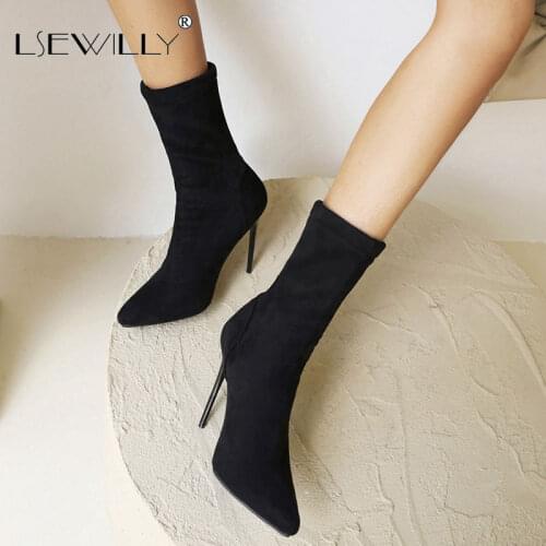 Lsewilly Super High Stiletto Pointed Toe Frosted Flock Autumn Winter Socks Boots Short Plush Women Ankle Boots Size 34-48