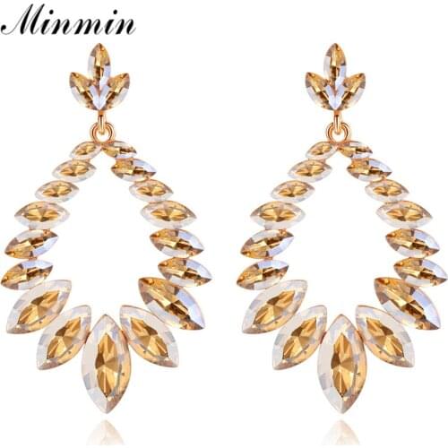 Minmin Gold Color Rhinestone Leaf Teardrop Dangle Earrings for Women Wedding Bridal Jewelry Unique Circle Korean Earrings EH1628