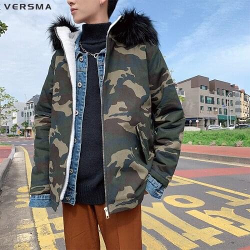 VERSMA Hip Hop Military Camouflage Winter Parka Jacket Coat Men Korean Fur Hooded Padded Parkas Men Youth Winter Jacket Men 2018