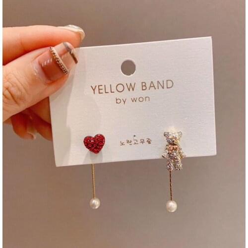 Creative Lovely Little Bear Heart-shaped Asymmetric Eardrop Exquisite Simulated-pearl Mosaic Rhinestone Pendant Earrings