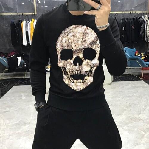 European New Fashion Mens Hoodie Skull Pattern On The Season Casual Cotton Star Hip-Hop Rhinestone Sweatshirt Top