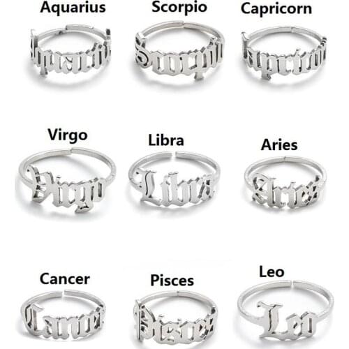 Adjustable Gold Silver Color Stainless Steel Twelve Constellation Opening Ring For Women Zodiac Sign Party Jewelry Aries Leo