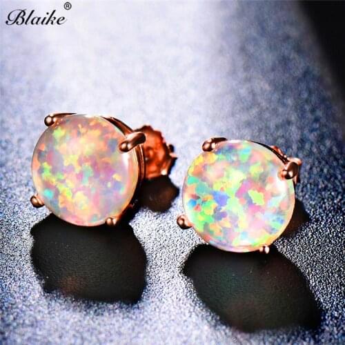 Blaike Romantic Rose Gold Filled Stud Earrings For Women Elegant White Fire Opal Earring Birthstone Female Fashion Jewelry Gifts