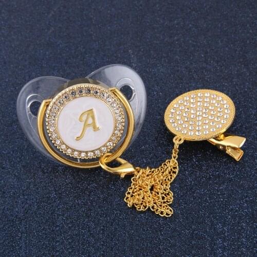 26 Initial Letters Transparent Bling Pacifier With Chain Clip Newborn Kids Baby Orthodontic Dummy Teat Nipple Soother